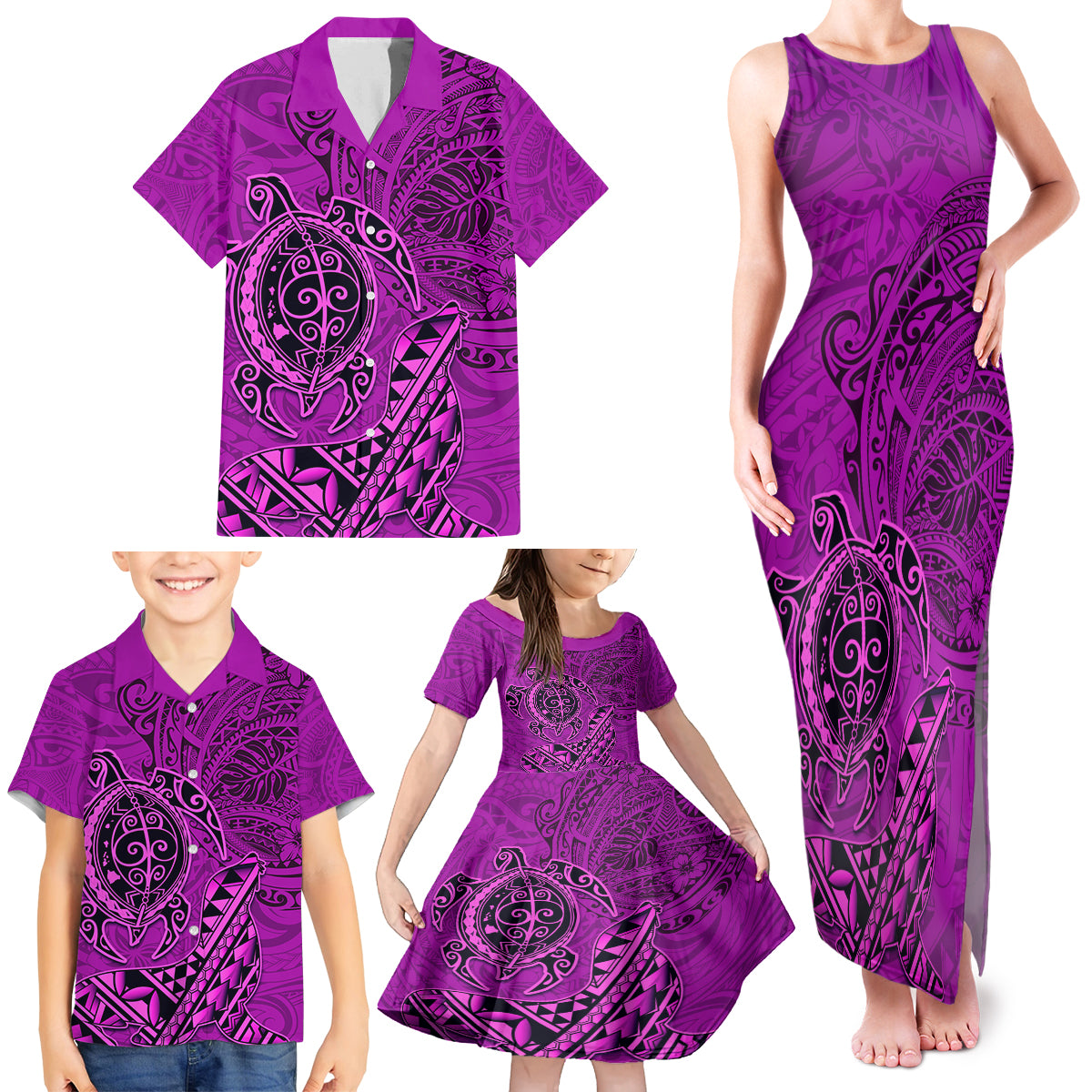 Hawaii Monk Seal and Dolphin Family Matching Tank Maxi Dress and Hawaiian Shirt Polynesian Kakau Pattern Pink