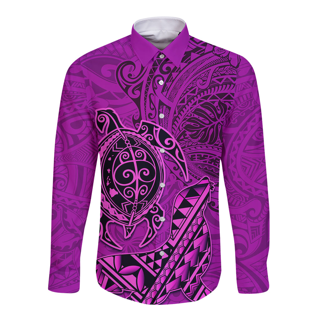 Hawaii Monk Seal and Dolphin Long Sleeve Button Shirt Polynesian Kakau Pattern Pink