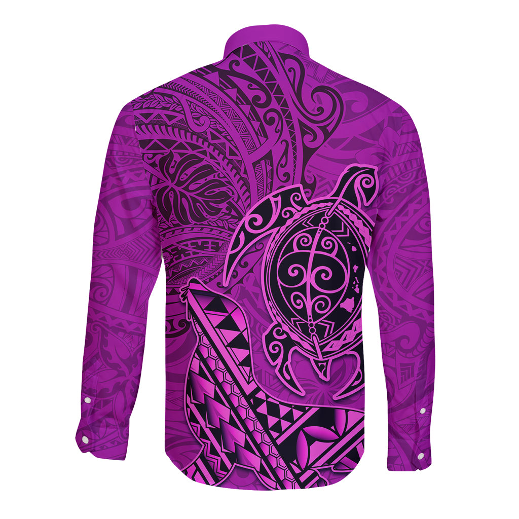 Hawaii Monk Seal and Dolphin Long Sleeve Button Shirt Polynesian Kakau Pattern Pink