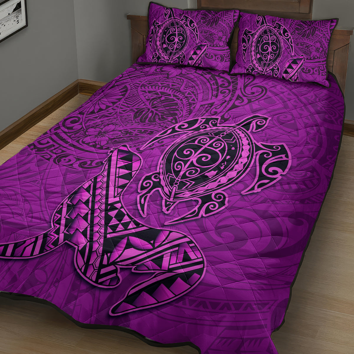 Hawaii Monk Seal and Dolphin Quilt Bed Set Polynesian Kakau Pattern Pink