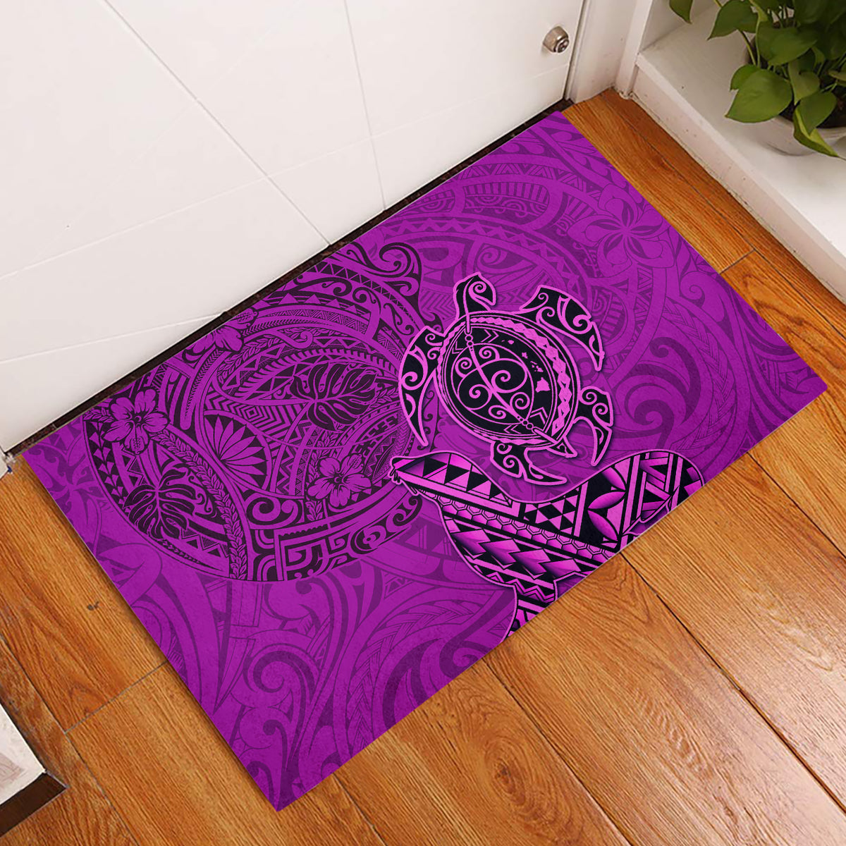 Hawaii Monk Seal and Dolphin Rubber Doormat Polynesian Kakau Pattern Pink