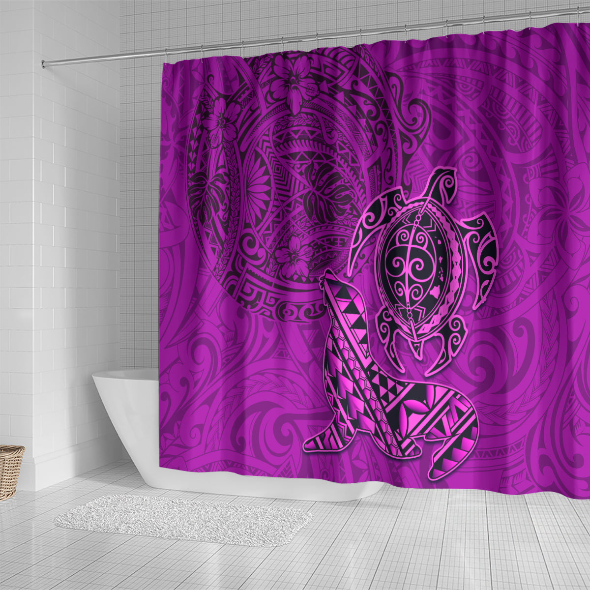 Hawaii Monk Seal and Dolphin Shower Curtain Polynesian Kakau Pattern Pink LT03 - Polynesian Pride