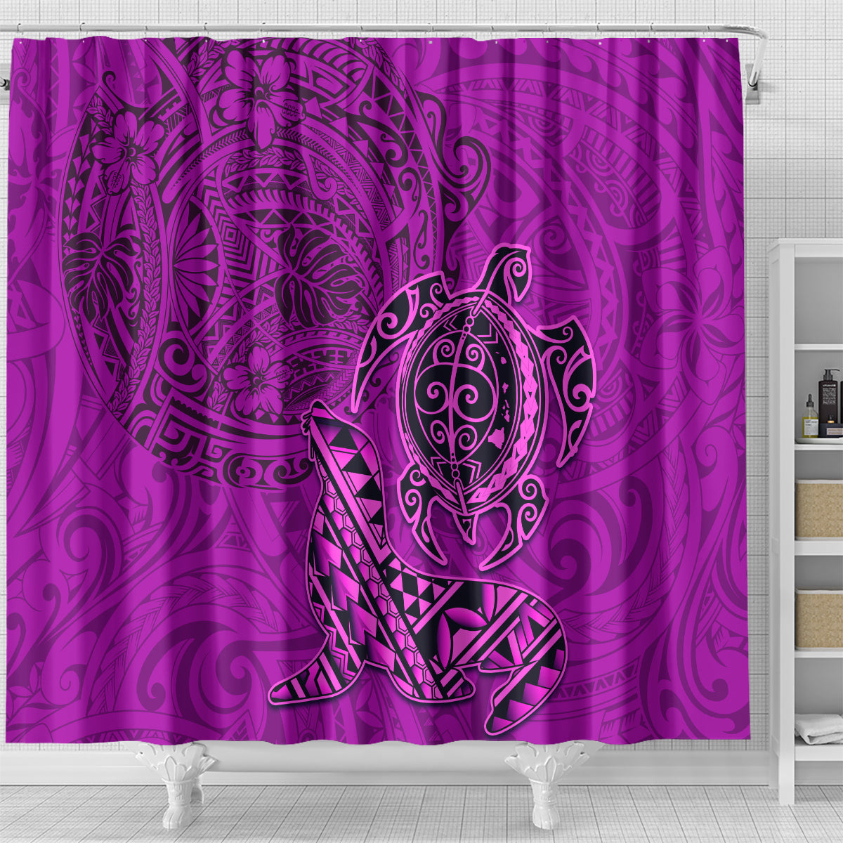 Hawaii Monk Seal and Dolphin Shower Curtain Polynesian Kakau Pattern Pink LT03 - Polynesian Pride
