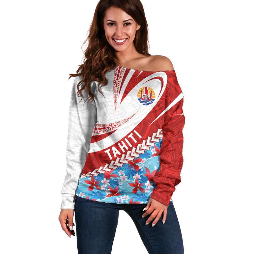 Personalized Tahiti Surfing 2026 Off Shoulder Sweater Marquesan Tattoo-Sporty Style LT03 Women Multicolor - Polynesian Pride