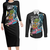 Hawaii Pineapple Surfing Couples Matching Long Sleeve Bodycon Dress and Long Sleeve Button Shirt It's in My DNA - Kakau and Polynesian Pattern LT03 Black - Polynesian Pride