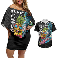 Hawaii Pineapple Surfing Couples Matching Off Shoulder Short Dress and Hawaiian Shirt It's in My DNA - Kakau and Polynesian Pattern LT03 Black - Polynesian Pride
