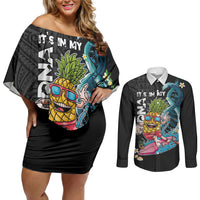 Hawaii Pineapple Surfing Couples Matching Off Shoulder Short Dress and Long Sleeve Button Shirt It's in My DNA - Kakau and Polynesian Pattern LT03 Black - Polynesian Pride