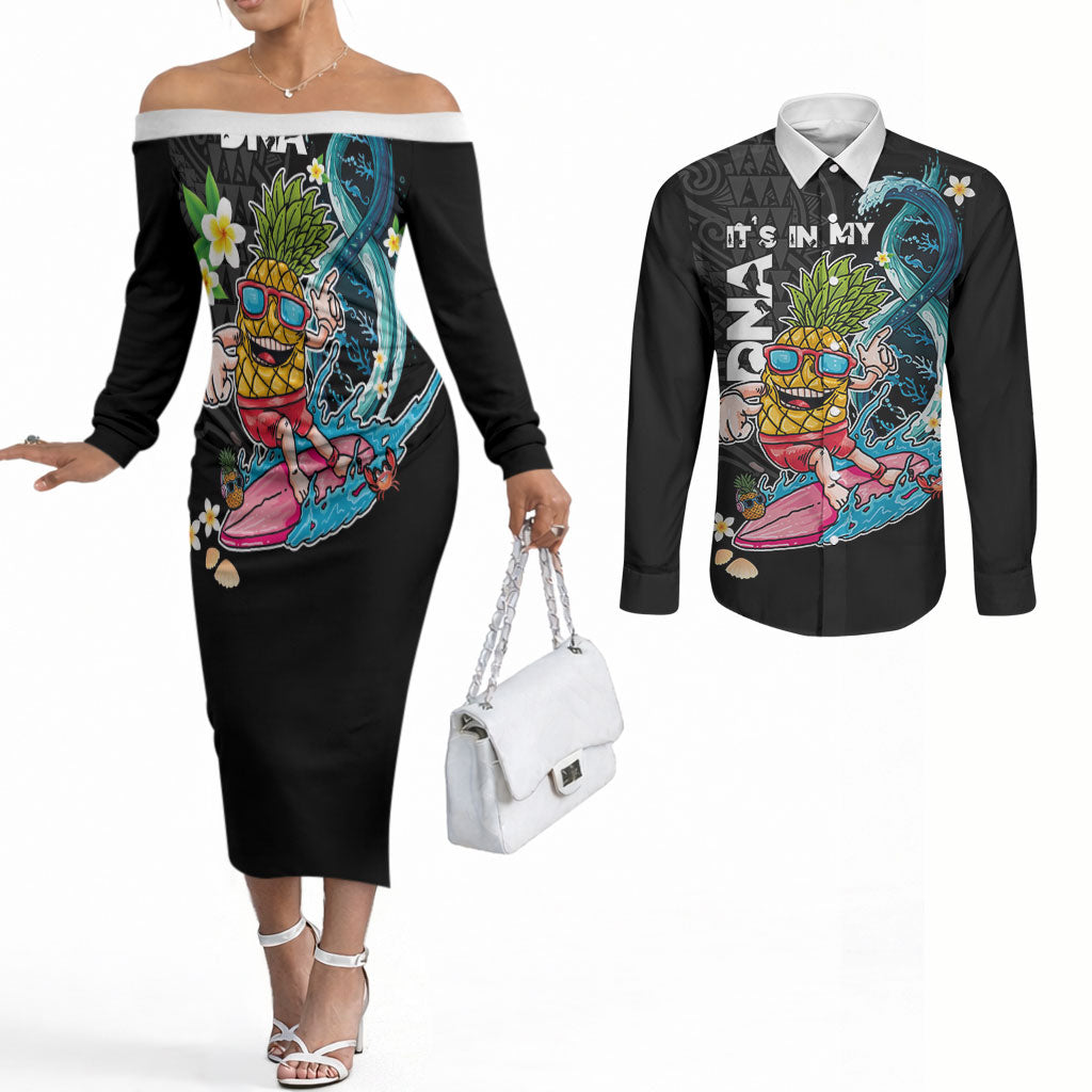 Hawaii Pineapple Surfing Couples Matching Off The Shoulder Long Sleeve Dress and Long Sleeve Button Shirt It's in My DNA - Kakau and Polynesian Pattern LT03 Black - Polynesian Pride