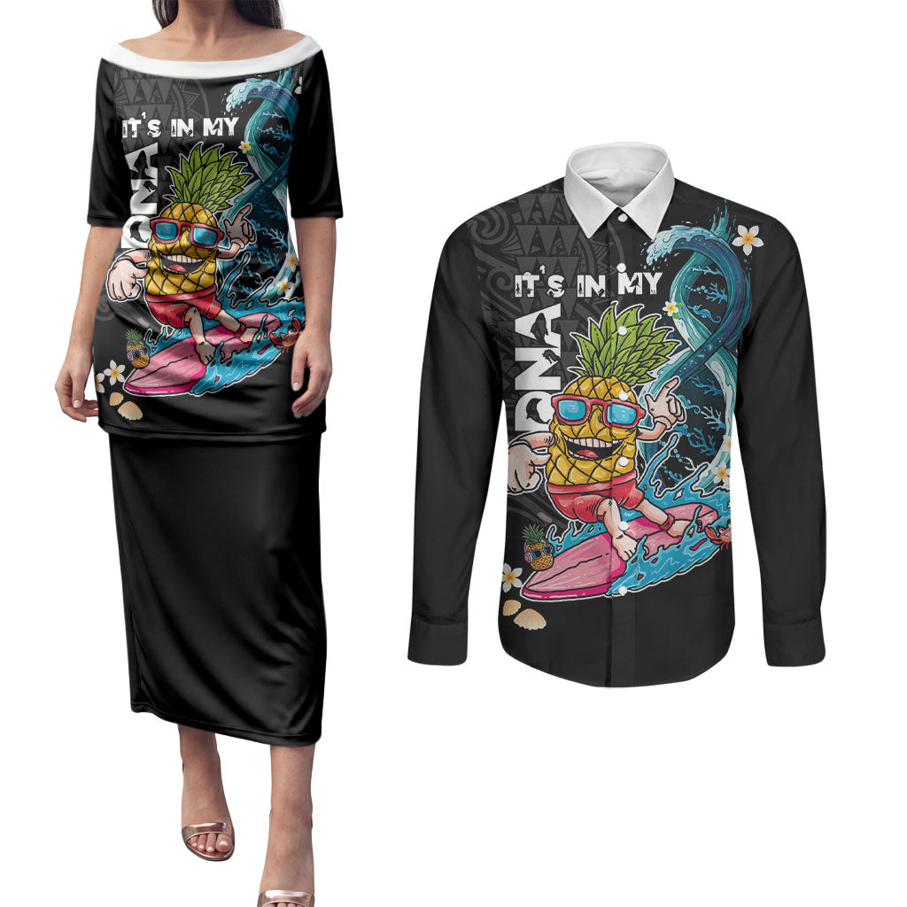 Hawaii Pineapple Surfing Couples Matching Puletasi and Long Sleeve Button Shirt It's in My DNA - Kakau and Polynesian Pattern LT03 Black - Polynesian Pride