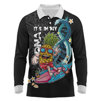 Hawaii Pineapple Surfing Long Sleeve Polo Shirt It's in My DNA - Kakau and Polynesian Pattern LT03 Black - Polynesian Pride