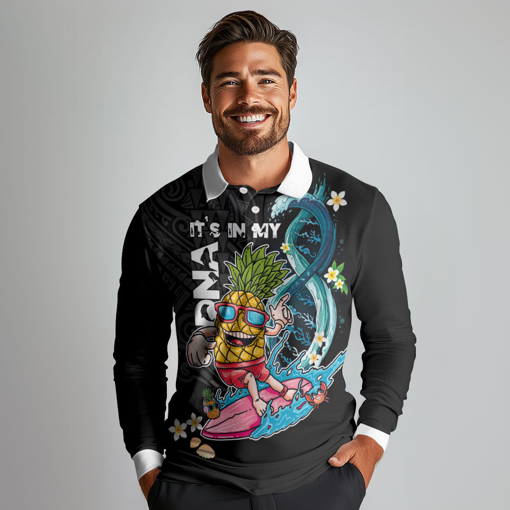 Hawaii Pineapple Surfing Long Sleeve Polo Shirt It's in My DNA - Kakau and Polynesian Pattern LT03 - Polynesian Pride