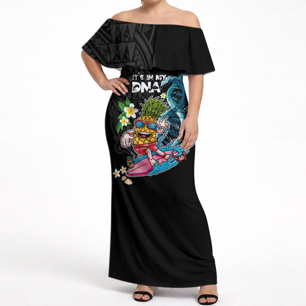 Hawaii Pineapple Surfing Off Shoulder Maxi Dress It's in My DNA - Kakau and Polynesian Pattern LT03 Women Black - Polynesian Pride