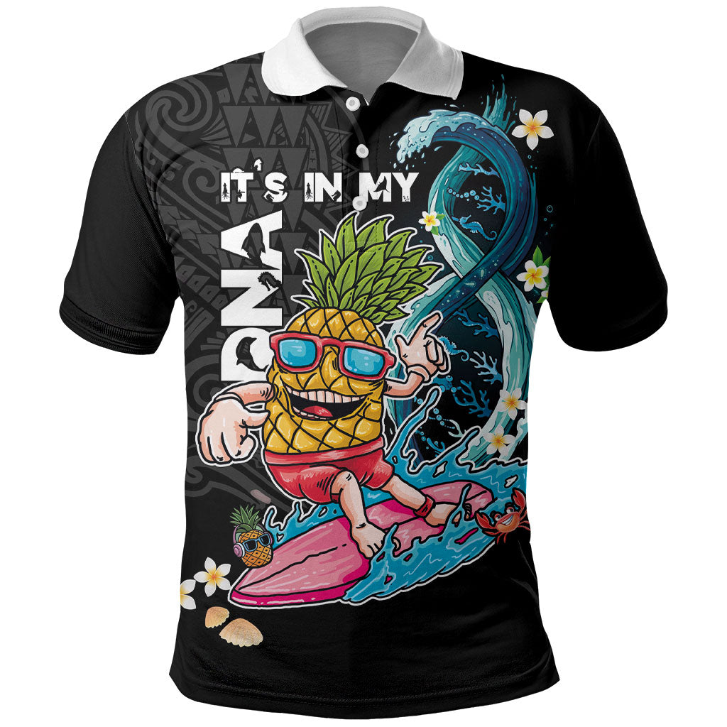 Hawaii Pineapple Surfing Polo Shirt It's in My DNA - Kakau and Polynesian Pattern LT03 Black - Polynesian Pride