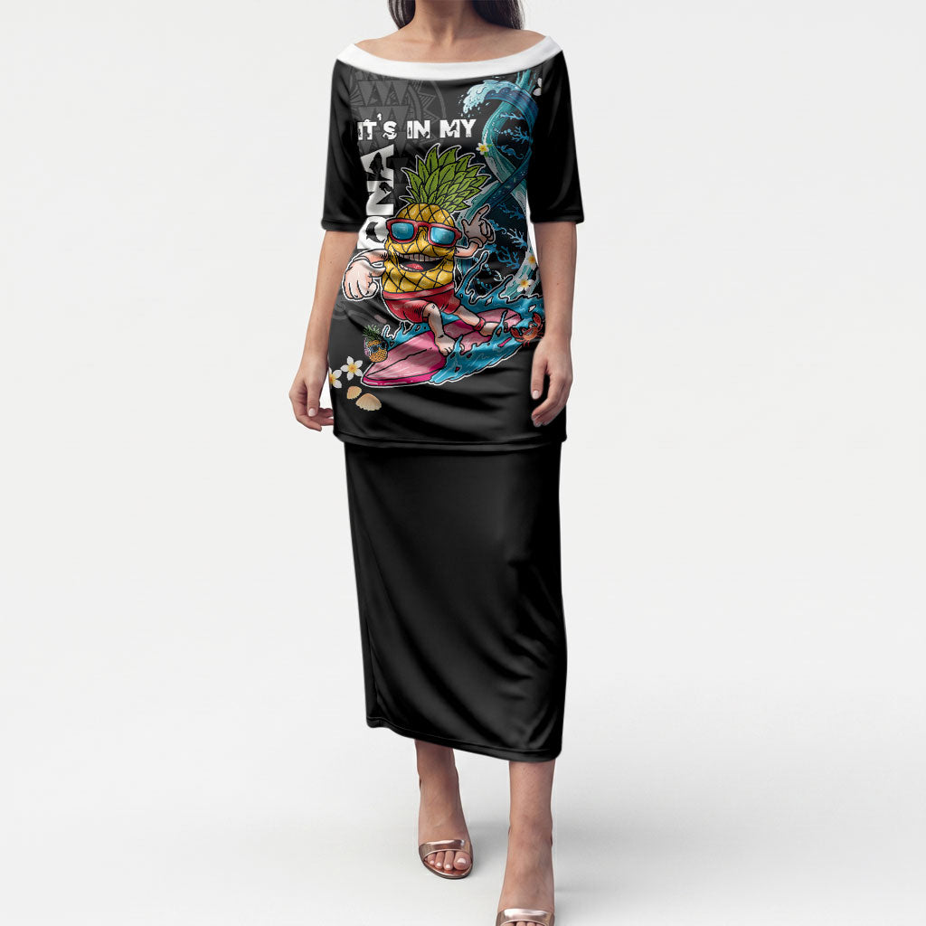 Hawaii Pineapple Surfing Puletasi It's in My DNA - Kakau and Polynesian Pattern LT03 Long Dress Black - Polynesian Pride
