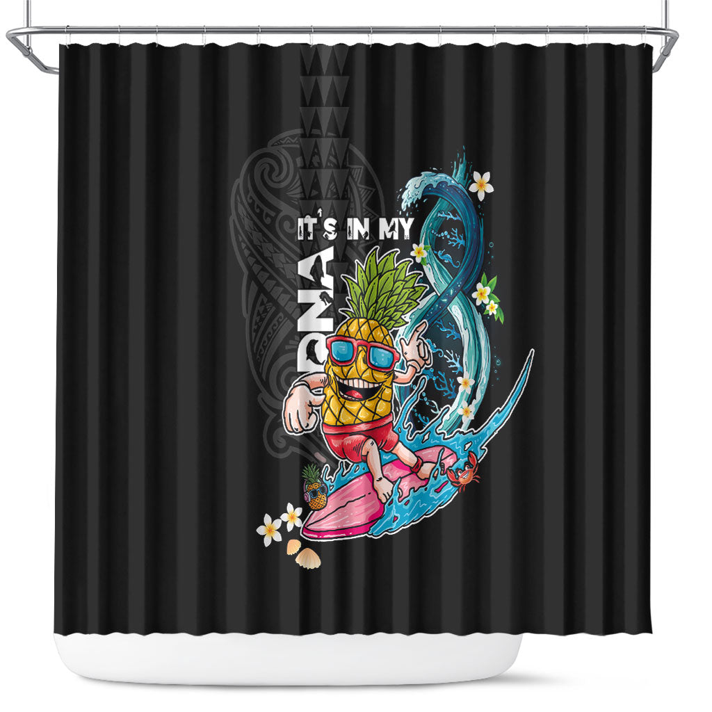 Hawaii Pineapple Surfing Shower Curtain It's in My DNA - Kakau and Polynesian Pattern LT03 Black - Polynesian Pride