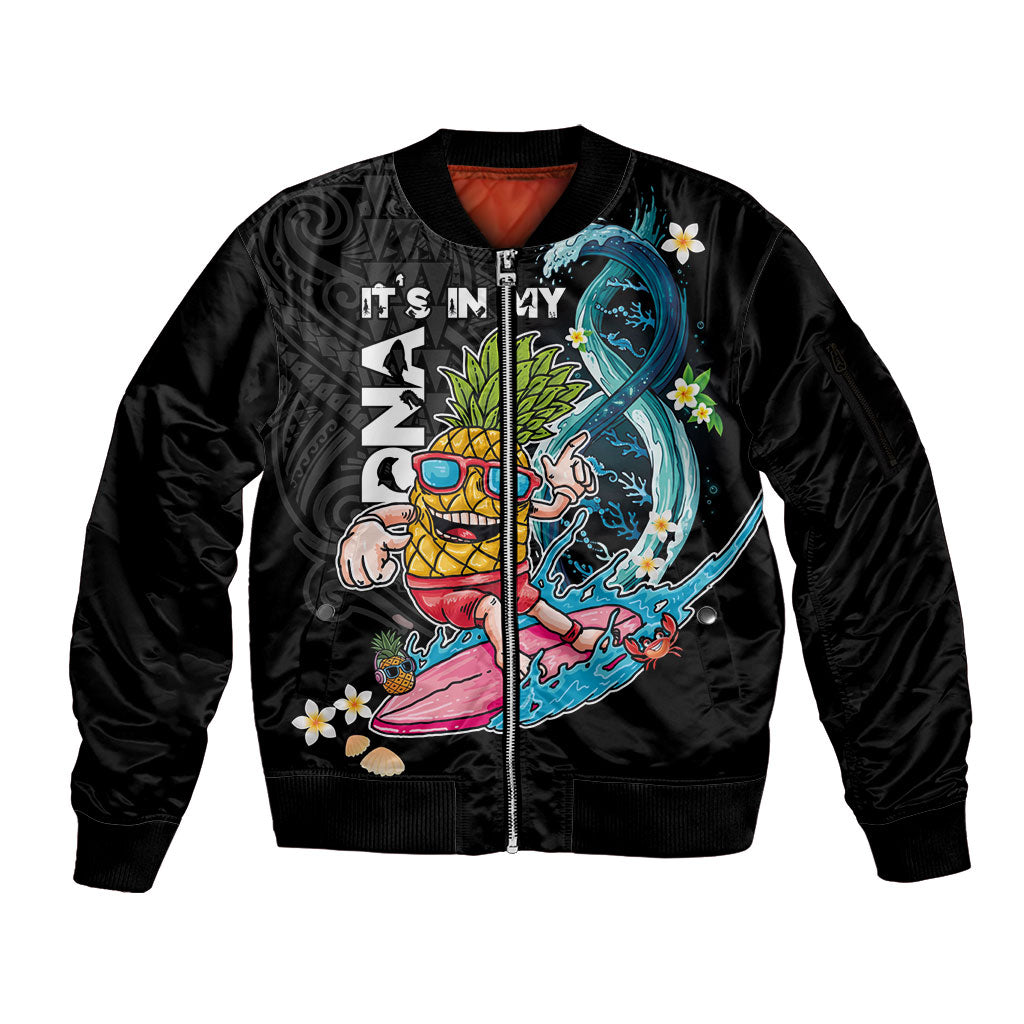 Hawaii Pineapple Surfing Sleeve Zip Bomber Jacket It's in My DNA - Kakau and Polynesian Pattern LT03 Unisex Black - Polynesian Pride