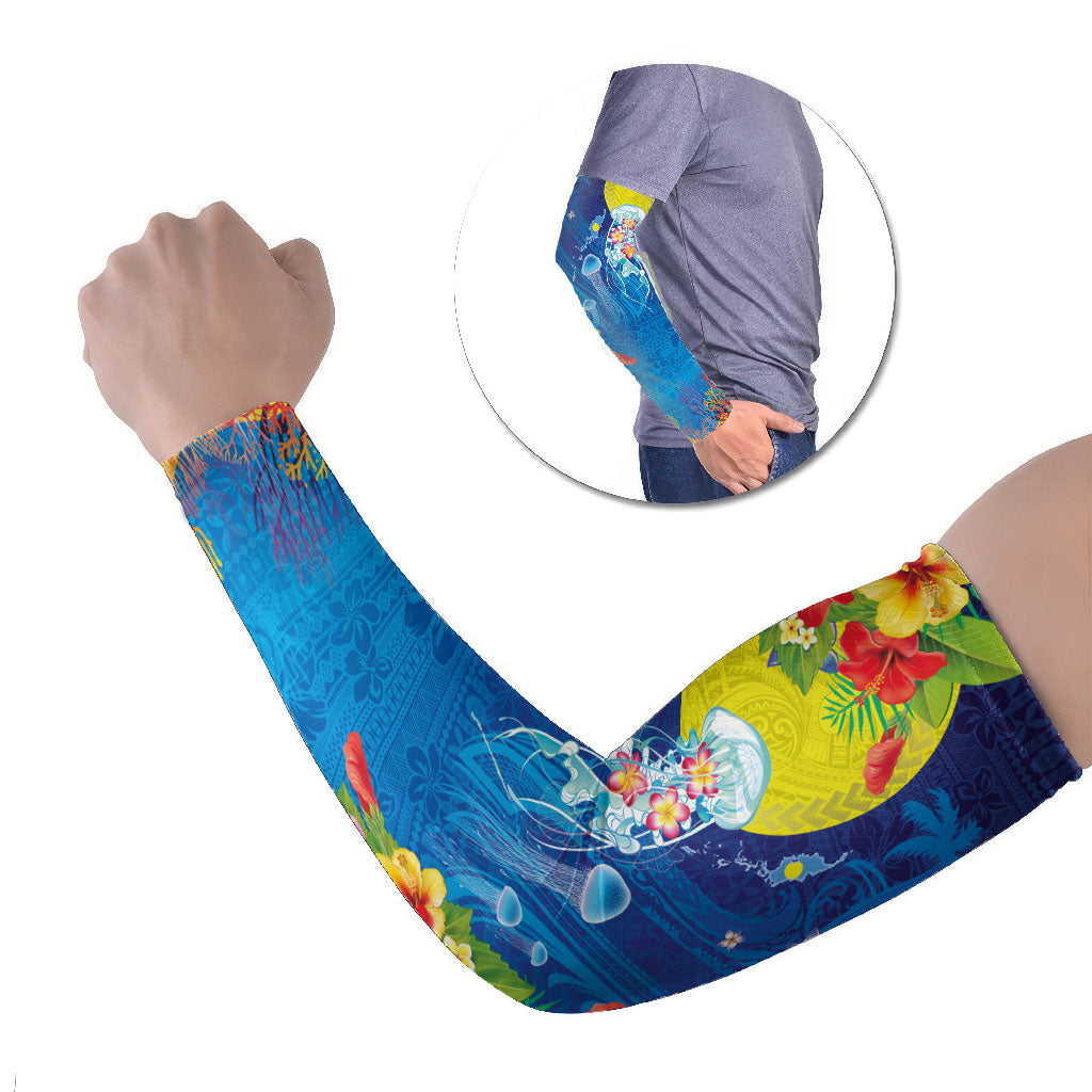 Palau Arm Sleeves Jellyfish with Coral Reefs Ocean Vibe and Tapa Pattern LT03 Set of 2 Blue - Polynesian Pride
