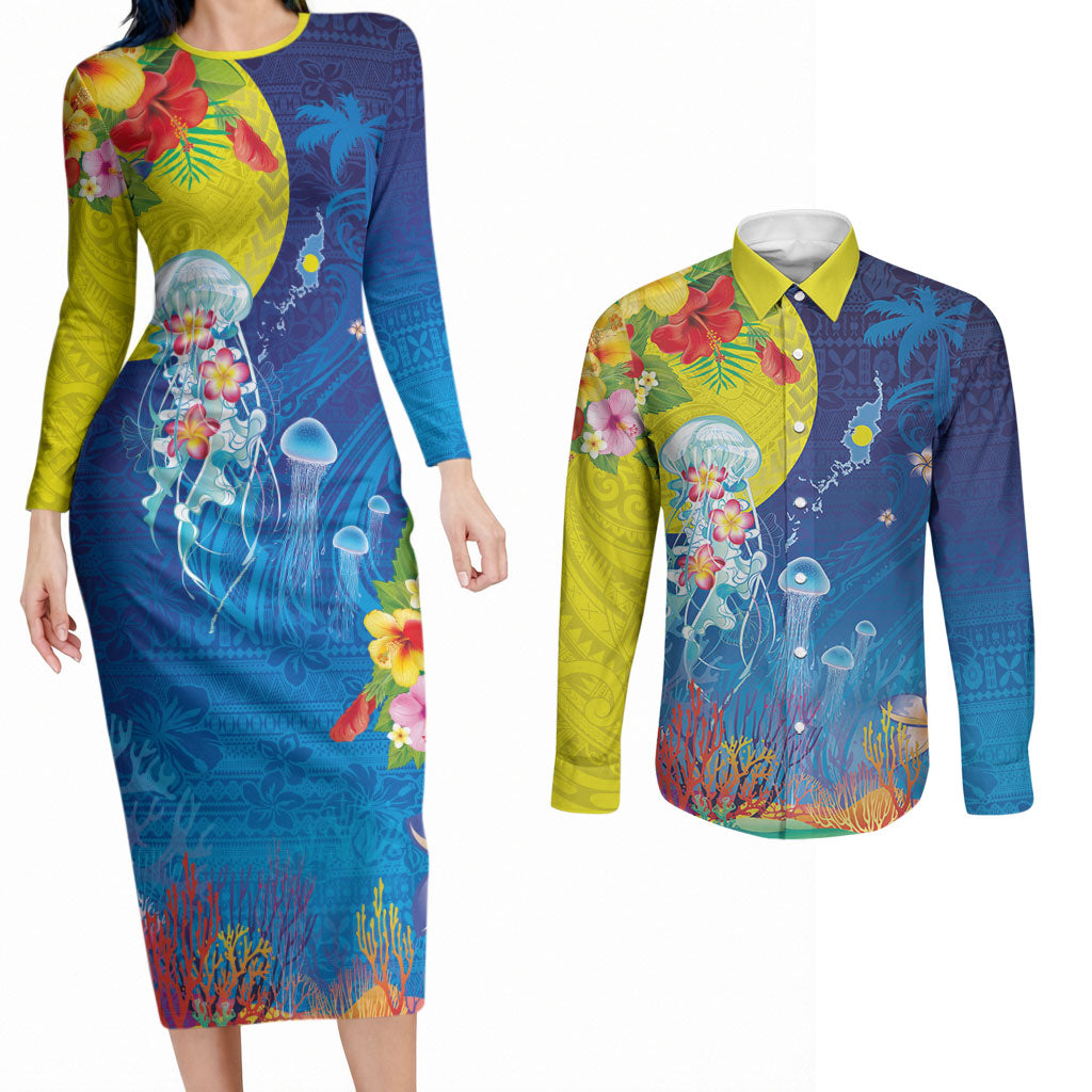 Palau Couples Matching Long Sleeve Bodycon Dress and Long Sleeve Button Shirt Jellyfish with Coral Reefs Ocean Vibe and Tapa Pattern LT03 Blue - Polynesian Pride
