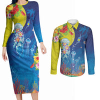 Palau Couples Matching Long Sleeve Bodycon Dress and Long Sleeve Button Shirt Jellyfish with Coral Reefs Ocean Vibe and Tapa Pattern LT03 Blue - Polynesian Pride