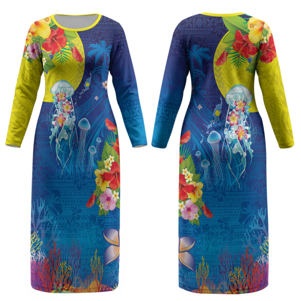 Palau Couples Matching Long Sleeve Bodycon Dress and Long Sleeve Button Shirt Jellyfish with Coral Reefs Ocean Vibe and Tapa Pattern LT03 - Polynesian Pride