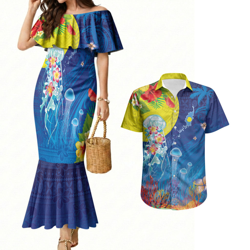 Palau Couples Matching Mermaid Dress and Hawaiian Shirt Jellyfish with Coral Reefs Ocean Vibe and Tapa Pattern LT03 Blue - Polynesian Pride