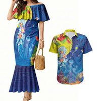 Palau Couples Matching Mermaid Dress and Hawaiian Shirt Jellyfish with Coral Reefs Ocean Vibe and Tapa Pattern LT03 Blue - Polynesian Pride