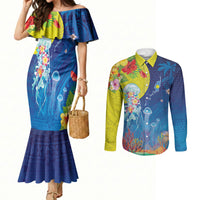 Palau Couples Matching Mermaid Dress and Long Sleeve Button Shirt Jellyfish with Coral Reefs Ocean Vibe and Tapa Pattern LT03 Blue - Polynesian Pride