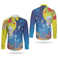 Palau Couples Matching Mermaid Dress and Long Sleeve Button Shirt Jellyfish with Coral Reefs Ocean Vibe and Tapa Pattern LT03 - Polynesian Pride