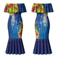 Palau Couples Matching Mermaid Dress and Long Sleeve Button Shirt Jellyfish with Coral Reefs Ocean Vibe and Tapa Pattern LT03 - Polynesian Pride