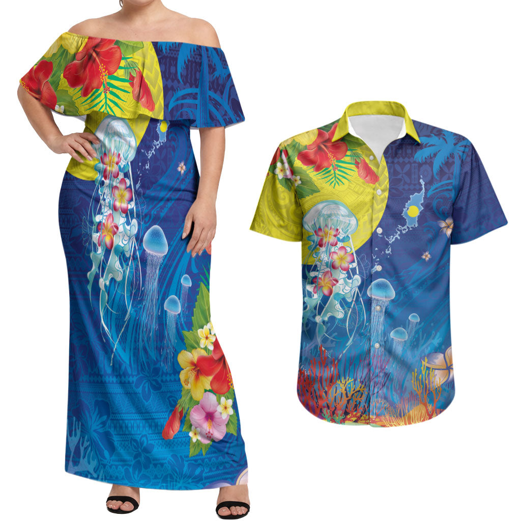 Palau Couples Matching Off Shoulder Maxi Dress and Hawaiian Shirt Jellyfish with Coral Reefs Ocean Vibe and Tapa Pattern LT03 Blue - Polynesian Pride