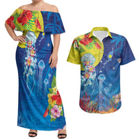 Palau Couples Matching Off Shoulder Maxi Dress and Hawaiian Shirt Jellyfish with Coral Reefs Ocean Vibe and Tapa Pattern LT03 Blue - Polynesian Pride