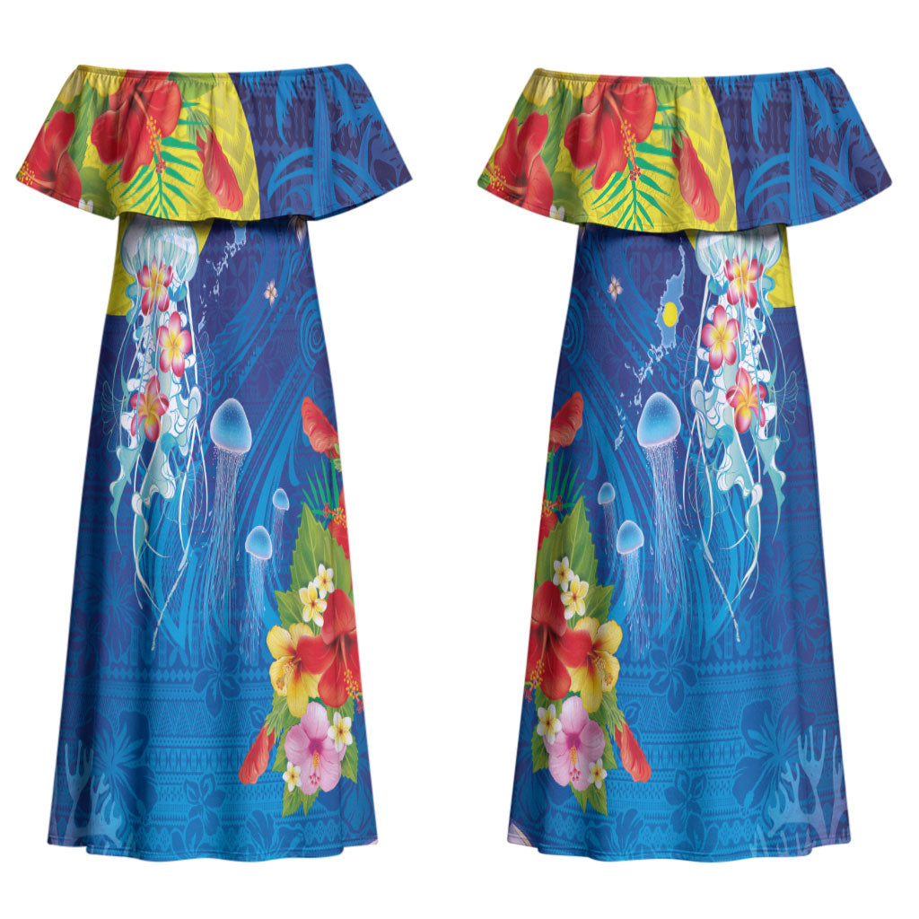 Palau Couples Matching Off Shoulder Maxi Dress and Hawaiian Shirt Jellyfish with Coral Reefs Ocean Vibe and Tapa Pattern LT03 - Polynesian Pride