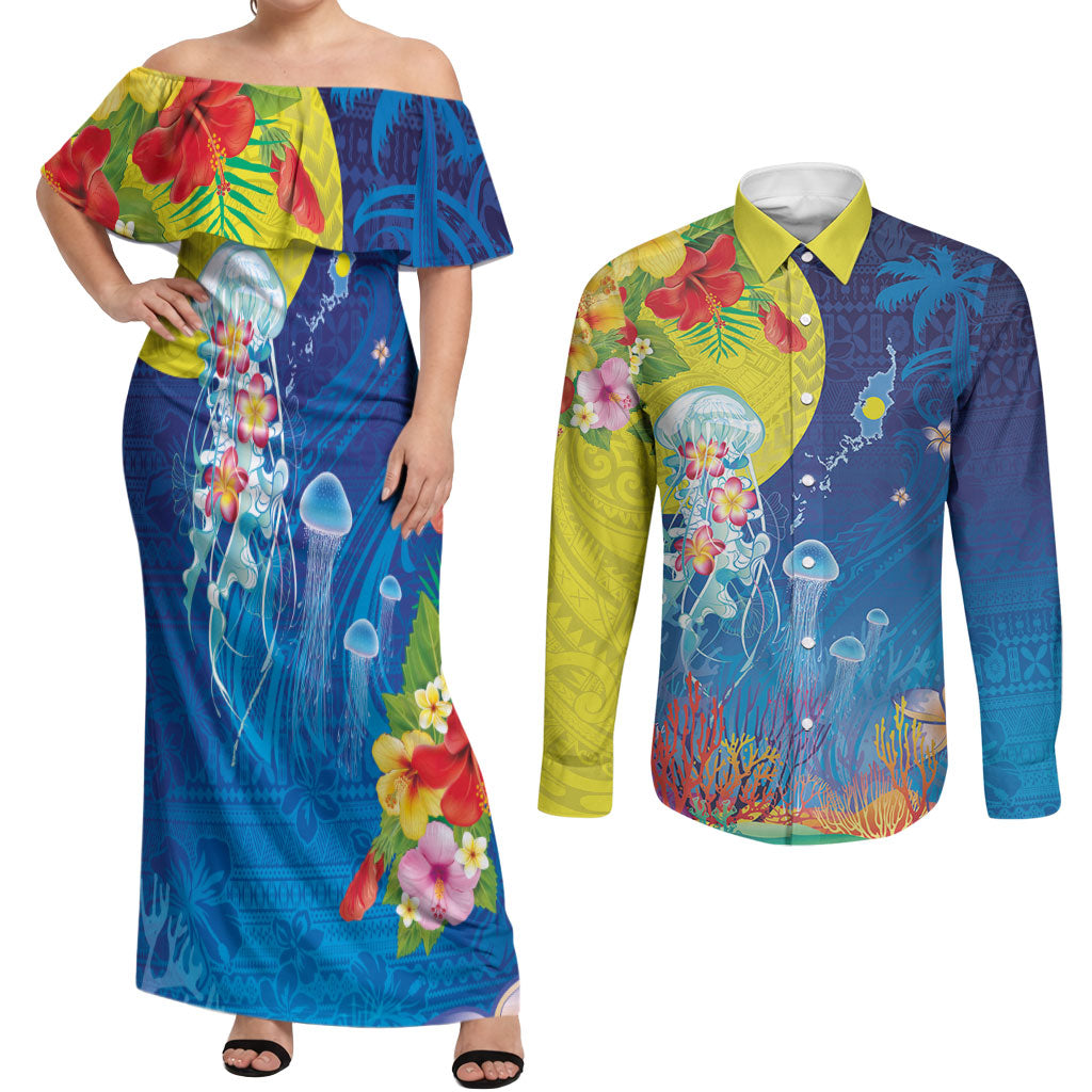 Palau Couples Matching Off Shoulder Maxi Dress and Long Sleeve Button Shirt Jellyfish with Coral Reefs Ocean Vibe and Tapa Pattern LT03 Blue - Polynesian Pride