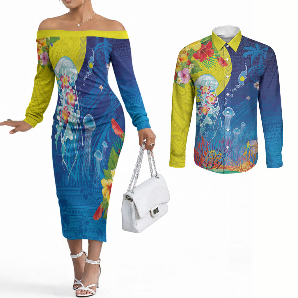 Palau Couples Matching Off The Shoulder Long Sleeve Dress and Long Sleeve Button Shirt Jellyfish with Coral Reefs Ocean Vibe and Tapa Pattern LT03 Blue - Polynesian Pride
