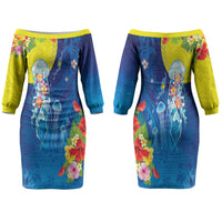 Palau Couples Matching Off The Shoulder Long Sleeve Dress and Long Sleeve Button Shirt Jellyfish with Coral Reefs Ocean Vibe and Tapa Pattern LT03 - Polynesian Pride
