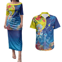 Palau Couples Matching Puletasi and Hawaiian Shirt Jellyfish with Coral Reefs Ocean Vibe and Tapa Pattern LT03 Blue - Polynesian Pride