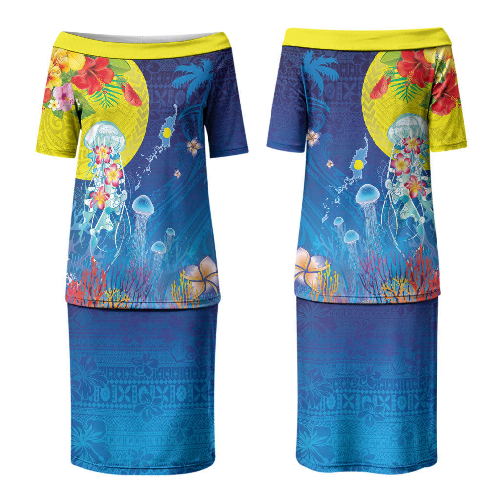 Palau Couples Matching Puletasi and Hawaiian Shirt Jellyfish with Coral Reefs Ocean Vibe and Tapa Pattern LT03 - Polynesian Pride