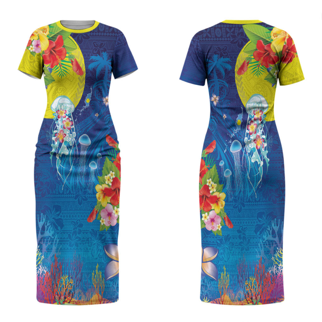 Palau Couples Matching Short Sleeve Bodycon Dress and Long Sleeve Button Shirt Jellyfish with Coral Reefs Ocean Vibe and Tapa Pattern LT03 - Polynesian Pride