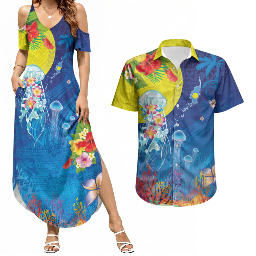 Palau Couples Matching Summer Maxi Dress and Hawaiian Shirt Jellyfish with Coral Reefs Ocean Vibe and Tapa Pattern LT03 Blue - Polynesian Pride