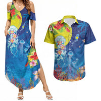 Palau Couples Matching Summer Maxi Dress and Hawaiian Shirt Jellyfish with Coral Reefs Ocean Vibe and Tapa Pattern LT03 Blue - Polynesian Pride