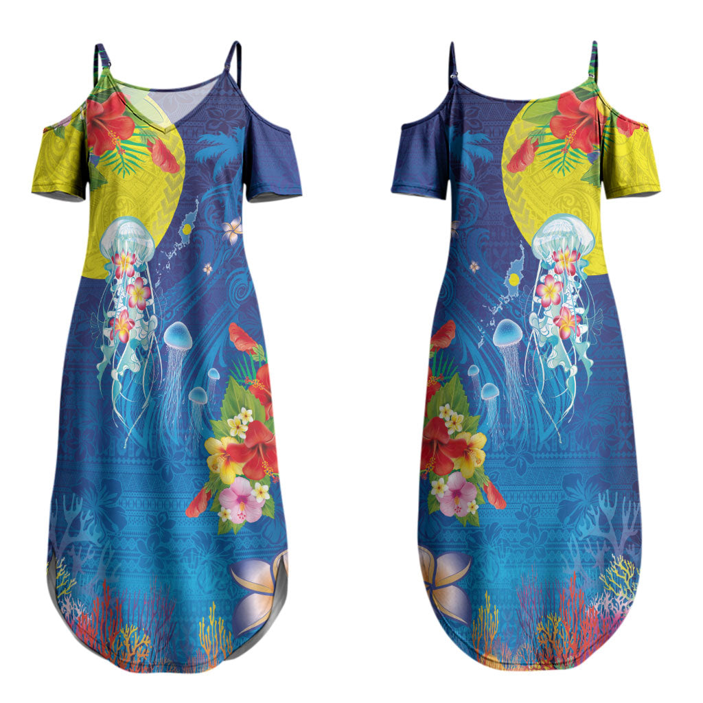 Palau Couples Matching Summer Maxi Dress and Hawaiian Shirt Jellyfish with Coral Reefs Ocean Vibe and Tapa Pattern LT03 - Polynesian Pride