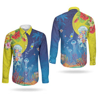 Palau Couples Matching Summer Maxi Dress and Long Sleeve Button Shirt Jellyfish with Coral Reefs Ocean Vibe and Tapa Pattern LT03 - Polynesian Pride