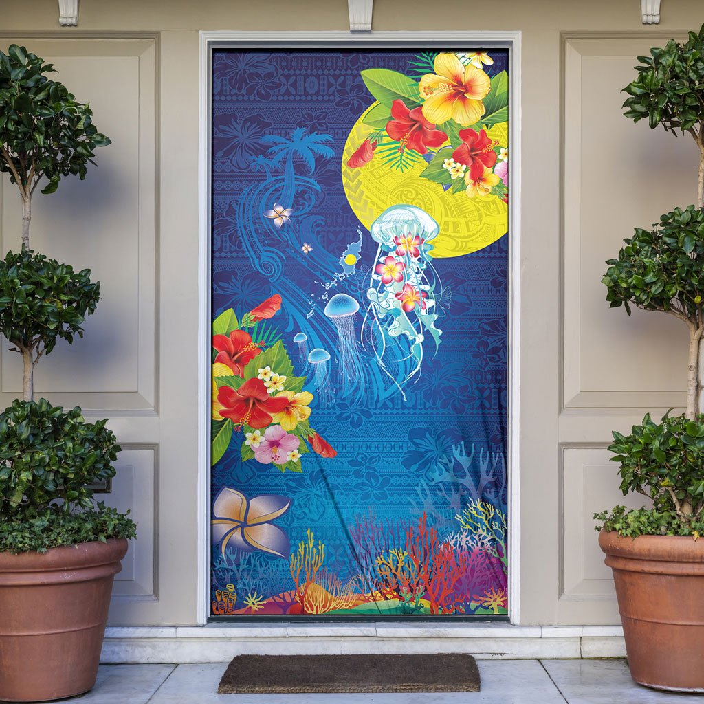 Palau Door Cover Jellyfish with Coral Reefs Ocean Vibe and Tapa Pattern LT03 Blue - Polynesian Pride