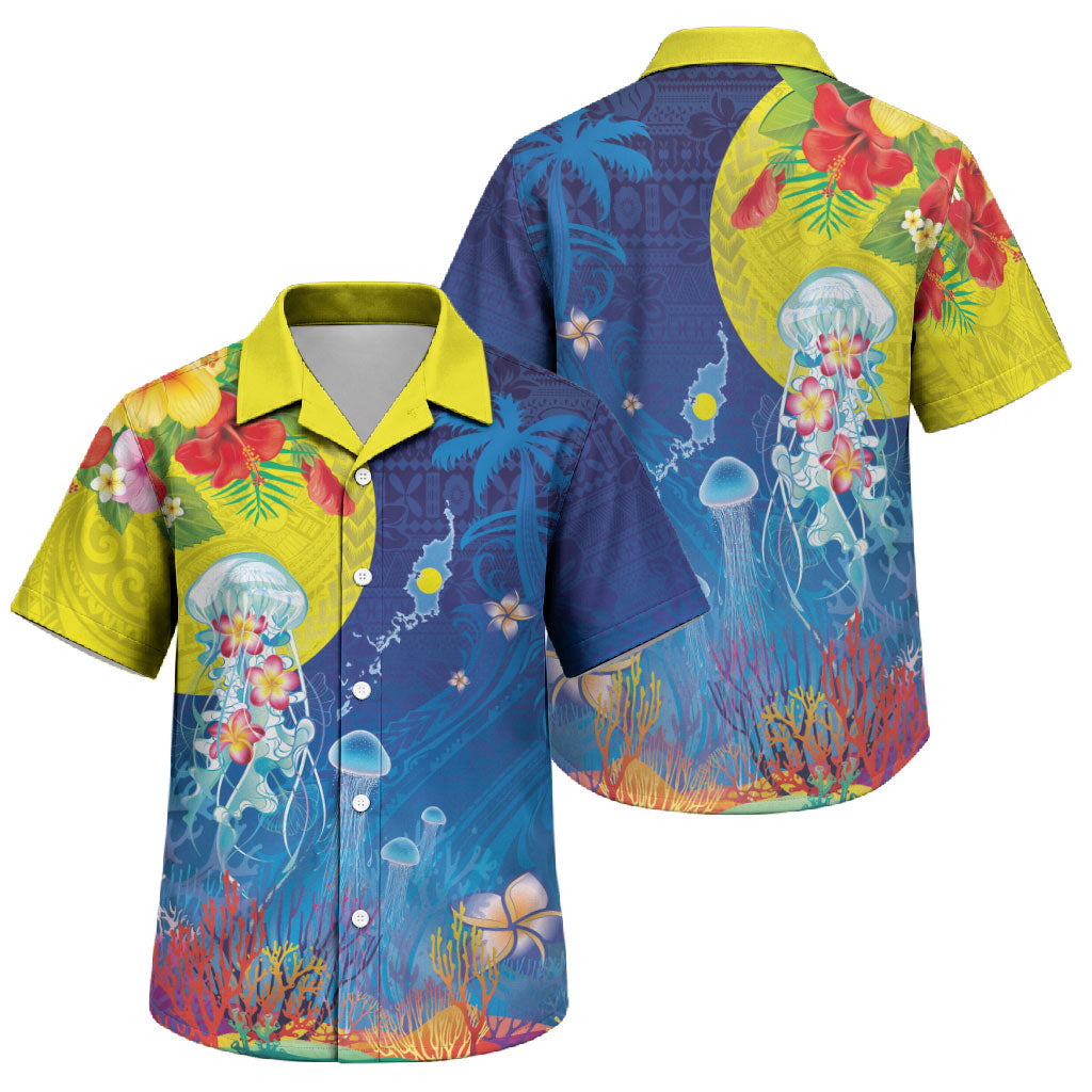 Palau Family Matching Off The Shoulder Long Sleeve Dress and Hawaiian Shirt Jellyfish with Coral Reefs Ocean Vibe and Tapa Pattern LT03 Son's Shirt Blue - Polynesian Pride