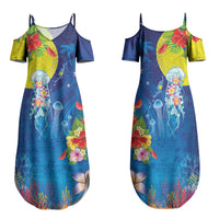 Palau Family Matching Summer Maxi Dress and Hawaiian Shirt Jellyfish with Coral Reefs Ocean Vibe and Tapa Pattern LT03 Mom's Dress Blue - Polynesian Pride