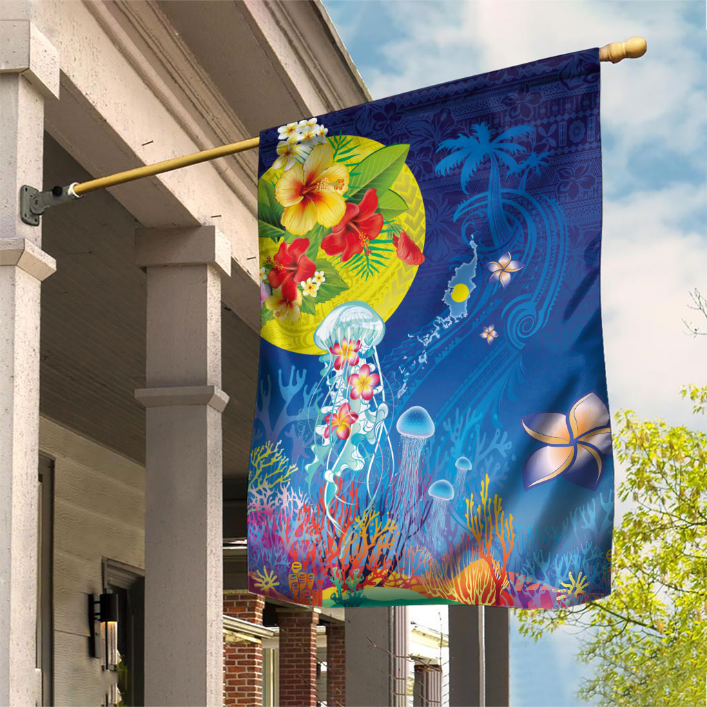 Palau Garden Flag Jellyfish with Coral Reefs Ocean Vibe and Tapa Pattern LT03 House Flag Blue - Polynesian Pride