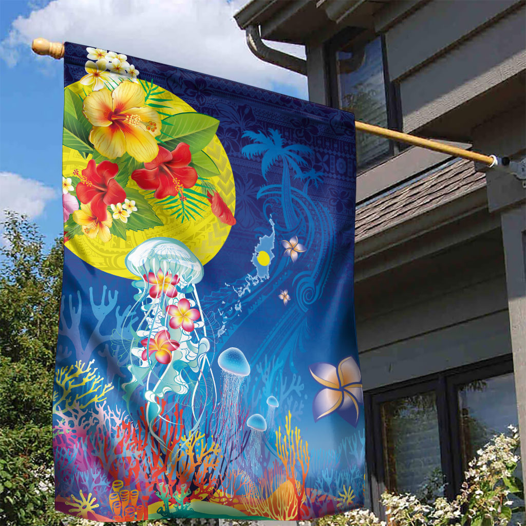 Palau Garden Flag Jellyfish with Coral Reefs Ocean Vibe and Tapa Pattern LT03 - Polynesian Pride
