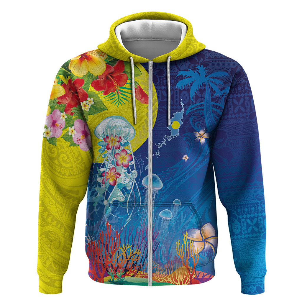 Palau Hoodie Jellyfish with Coral Reefs Ocean Vibe and Tapa Pattern LT03 Zip Hoodie Blue - Polynesian Pride