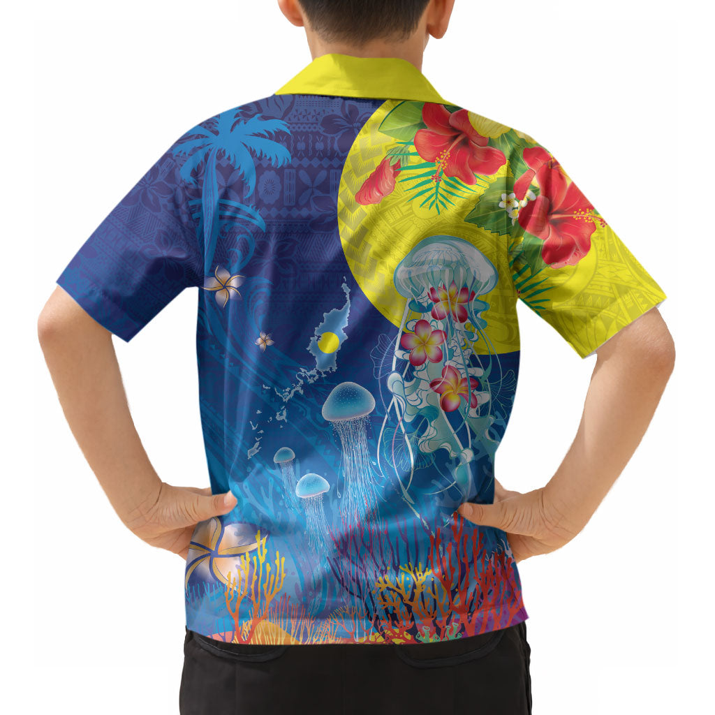 Palau Kid Hawaiian Shirt Jellyfish with Coral Reefs Ocean Vibe and Tapa Pattern LT03 - Polynesian Pride