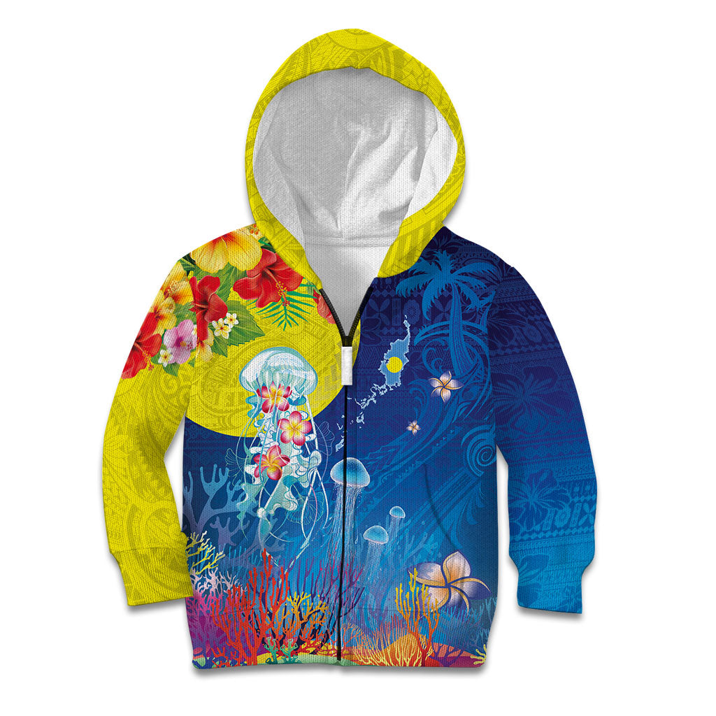 Palau Kid Hoodie Jellyfish with Coral Reefs Ocean Vibe and Tapa Pattern LT03 Zip Hoodie Blue - Polynesian Pride